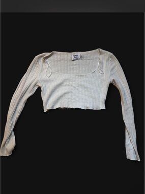 Princess Polly Cream Ribbed Long-Sleeve Cropped Top